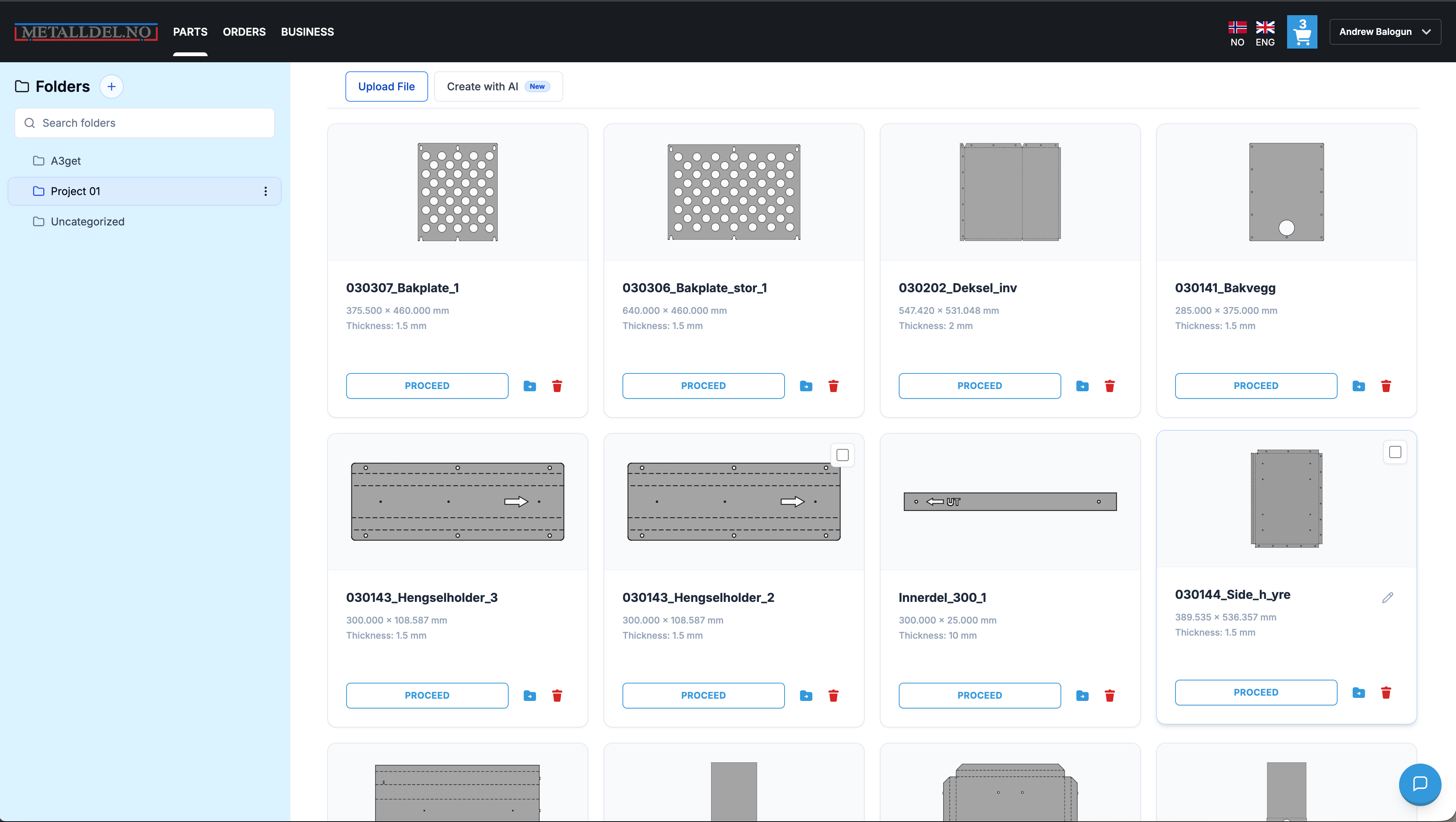 Metalldel project folder containing saved parts with previews, dimensions and thickness, alongside folders and CAD upload controls.
